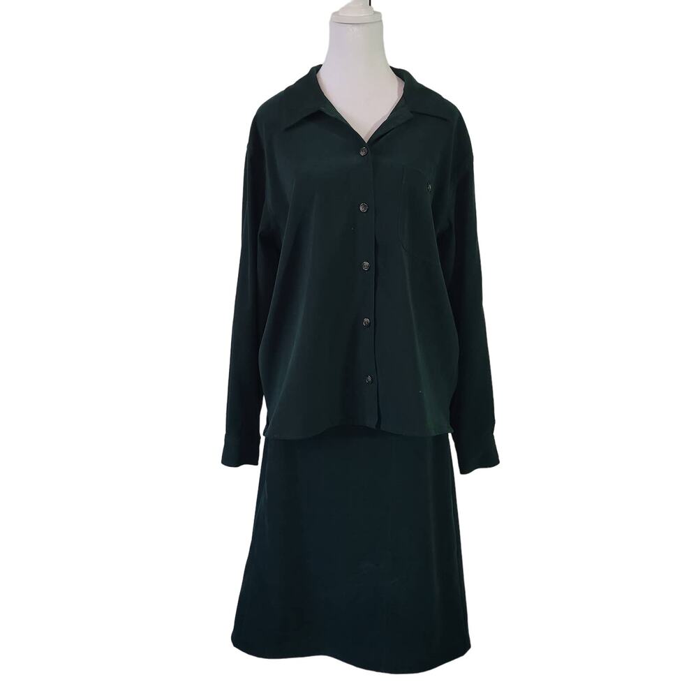 Talbots‎ Size M Two Piece Skirt Set Velour Emerald Green Button Up Top Mature